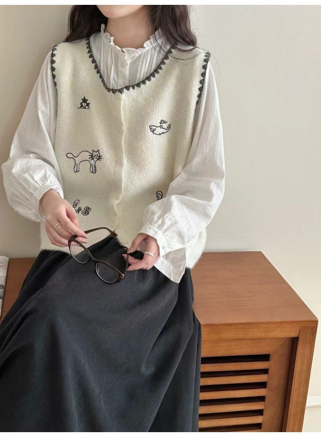 Leyuan High-end Embroidered Round Neck Cartoon Embroidered Knitted Vest Cardigan Women's Autumn Winter Loose Soft Sweater Vest - Image 1