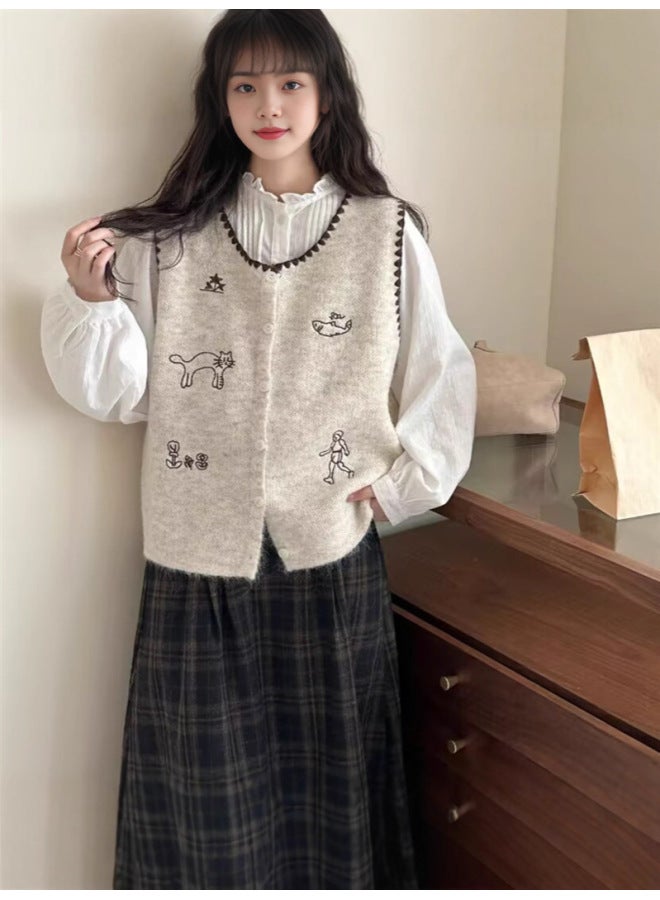 Leyuan High-end Embroidered Round Neck Cartoon Embroidered Knitted Vest Cardigan Women's Autumn Winter Loose Soft Sweater Vest - Image 4