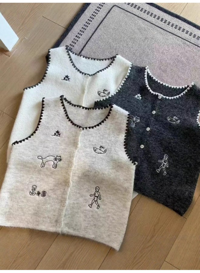 Leyuan High-end Embroidered Round Neck Cartoon Embroidered Knitted Vest Cardigan Women's Autumn Winter Loose Soft Sweater Vest - Image 5