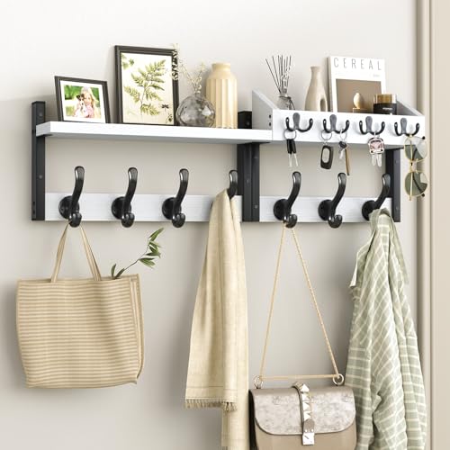 Evermagin 29" Coat Rack Wall Mount with Shelf, 4 in 1 Coat and Key Hanger with 11 Metal Hooks, Entryway Wall Mounted Shelf with Mail Holder for Living Room, Bedroom, White - Image 1