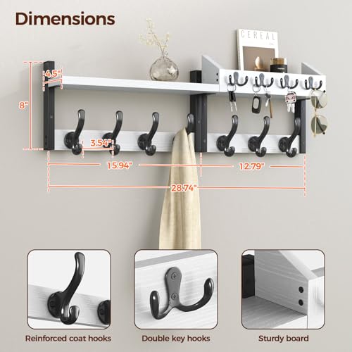 Evermagin 29" Coat Rack Wall Mount with Shelf, 4 in 1 Coat and Key Hanger with 11 Metal Hooks, Entryway Wall Mounted Shelf with Mail Holder for Living Room, Bedroom, White - Image 3