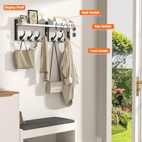 Evermagin 29" Coat Rack Wall Mount with Shelf, 4 in 1 Coat and Key Hanger with 11 Metal Hooks, Entryway Wall Mounted Shelf with Mail Holder for Living Room, Bedroom, White - Image 4