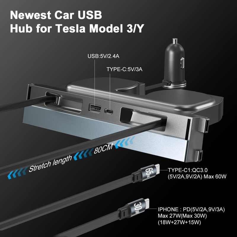 Lansan 65W USB Hub for Tesla Model 3 Highland/Model Y Juniper 2024 2025 Waterproof - 4Ports Fast Charger Tesla Accessories for Tesla Phone Charger 2 Type-C Fast Charging Cables - Image 3