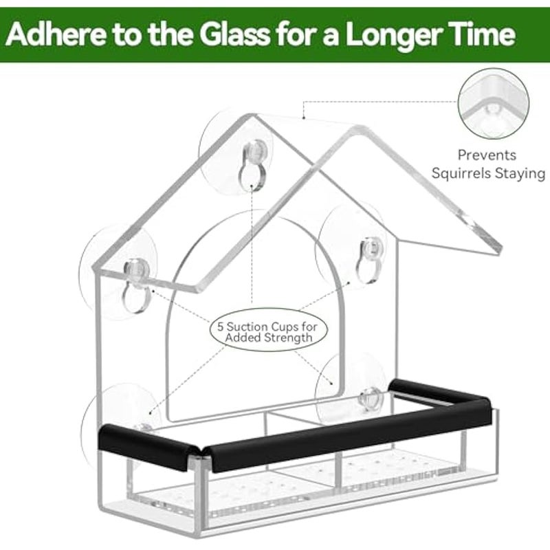 Arabest Transparent Window Bird Feeder with 5 Extra Strong Suction Cups, Drainage Holes, Detachable Seed Tray, Sturdy and Durable Acrylic Clear Birds Feeders for Viewing Wild Birds Outside - Image 3