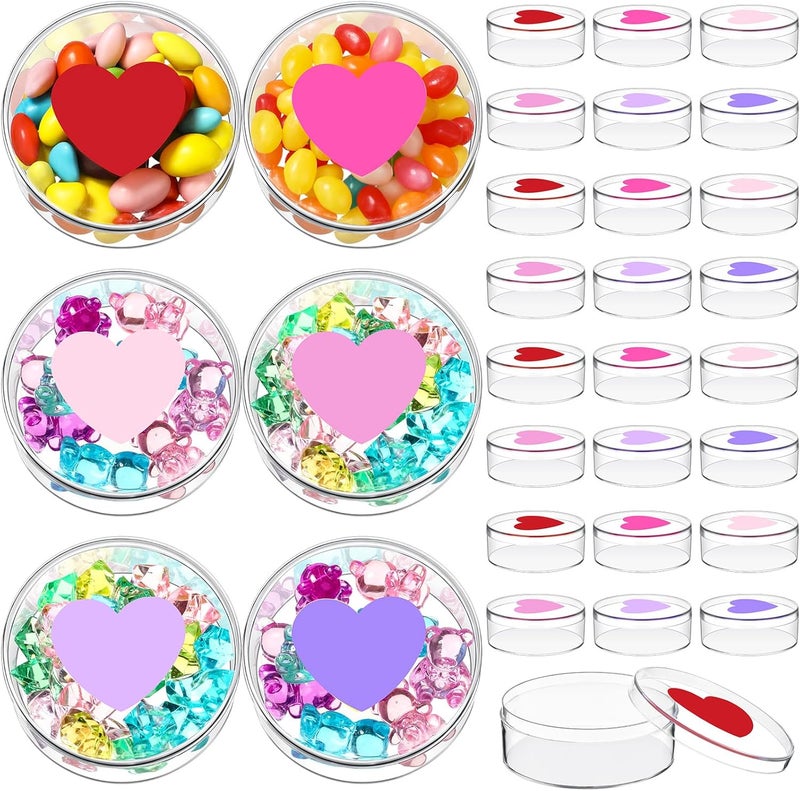 Marsui 24 Pcs 37 oz Valentines Day Candy Boxes Plastic Treat Box with Heart Print Lid Clear Round Box Valentines Day Basket Stuffer for Cookie Candy Valentine Party Favor Soft Clay Warm Color - Image 1