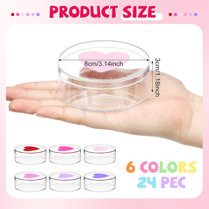 Marsui 24 Pcs 37 oz Valentines Day Candy Boxes Plastic Treat Box with Heart Print Lid Clear Round Box Valentines Day Basket Stuffer for Cookie Candy Valentine Party Favor Soft Clay Warm Color - Image 2