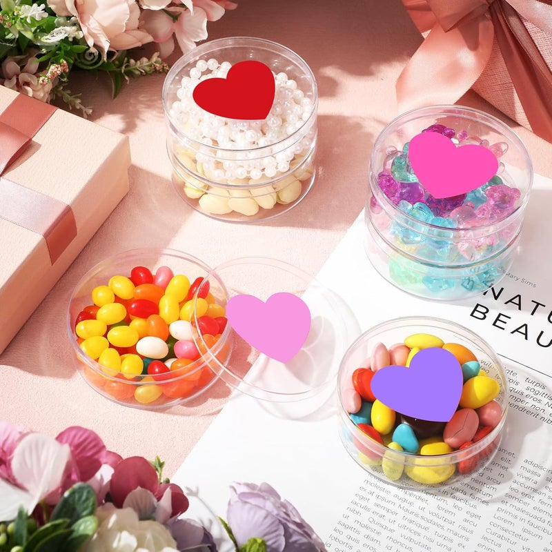 Marsui 24 Pcs 37 oz Valentines Day Candy Boxes Plastic Treat Box with Heart Print Lid Clear Round Box Valentines Day Basket Stuffer for Cookie Candy Valentine Party Favor Soft Clay Warm Color - Image 4