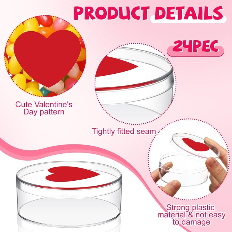 Marsui 24 Pcs 37 oz Valentines Day Candy Boxes Plastic Treat Box with Heart Print Lid Clear Round Box Valentines Day Basket Stuffer for Cookie Candy Valentine Party Favor Soft Clay Warm Color - Image 3