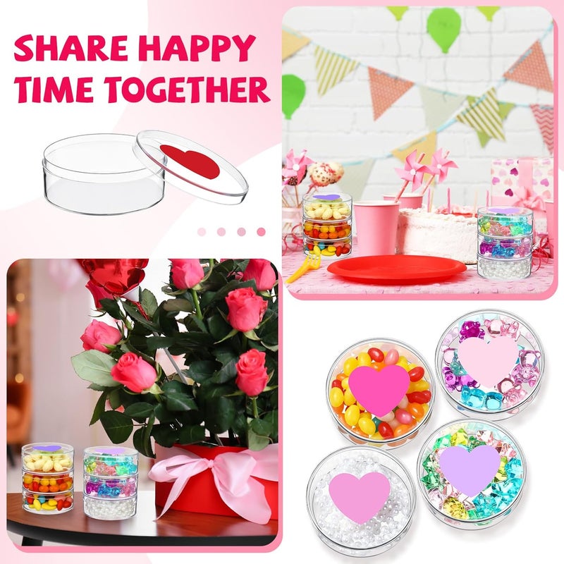 Marsui 24 Pcs 37 oz Valentines Day Candy Boxes Plastic Treat Box with Heart Print Lid Clear Round Box Valentines Day Basket Stuffer for Cookie Candy Valentine Party Favor Soft Clay Warm Color - Image 5
