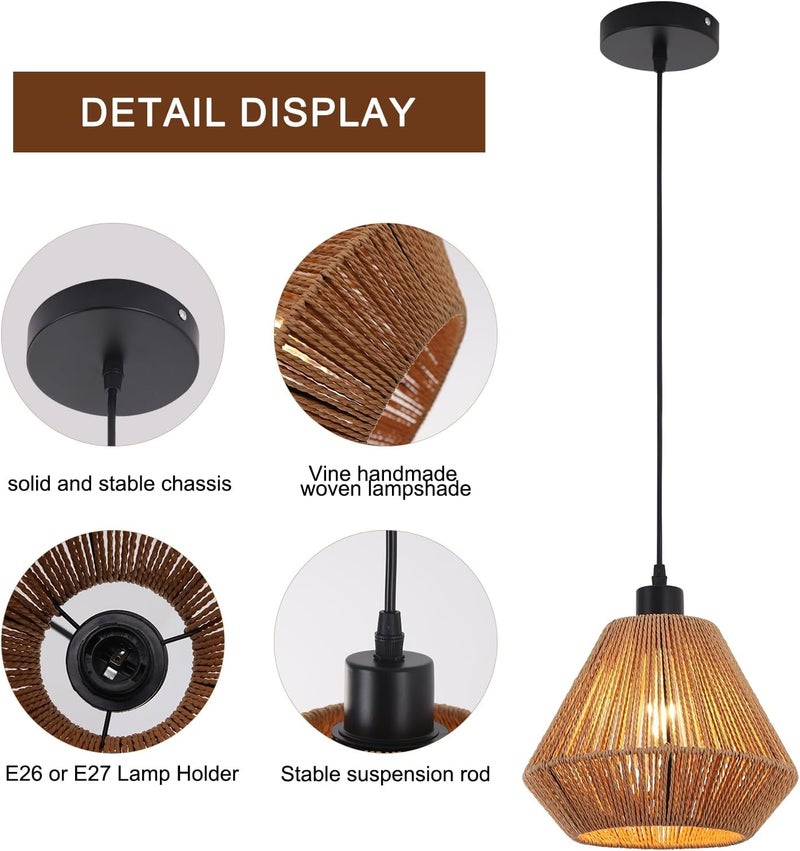 Garwarm Woven Pendant Lights,Chandeliers,Rustic Rattan Hanging Lamp Adjustable Handwoven Basket Shade,Boho Pendant Light Fixtures for Kitchen Island,Dining Room,Bedroom, Farmhouse, Hallway,Brown 25cm - Image 5