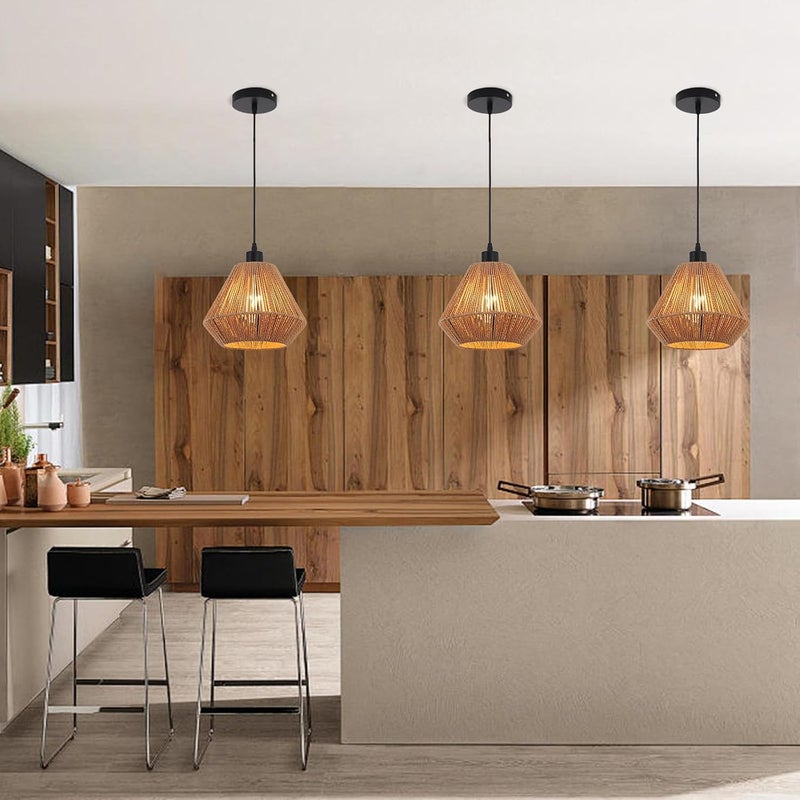Garwarm Woven Pendant Lights,Chandeliers,Rustic Rattan Hanging Lamp Adjustable Handwoven Basket Shade,Boho Pendant Light Fixtures for Kitchen Island,Dining Room,Bedroom, Farmhouse, Hallway,Brown 25cm - Image 3