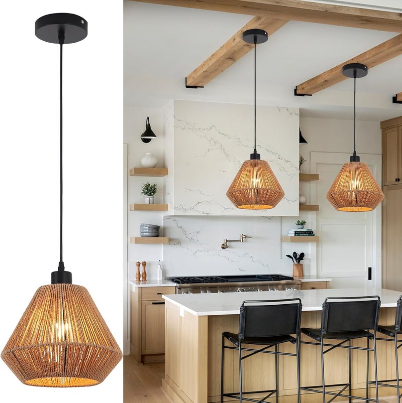 Garwarm Woven Pendant Lights,Chandeliers,Rustic Rattan Hanging Lamp Adjustable Handwoven Basket Shade,Boho Pendant Light Fixtures for Kitchen Island,Dining Room,Bedroom, Farmhouse, Hallway,Brown 25cm - Image 1