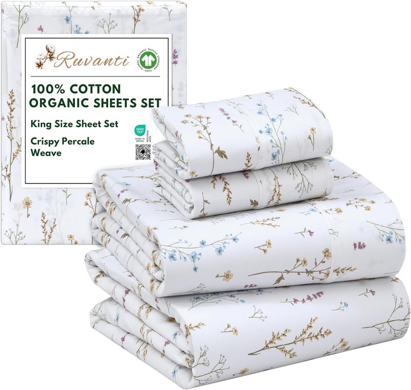 RUVANTI 100% Organic Cotton Sheets King Size, Percale Weave, GOTS Certified, 4-Piece Set, Deep Pocket 15", Crisp & Breathable, Soft Durable Bedding, Sábanas Algodón Orgánico – Field Flower - Image 1