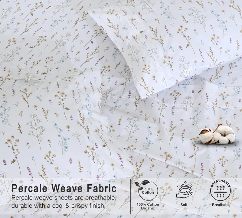 RUVANTI 100% Organic Cotton Sheets King Size, Percale Weave, GOTS Certified, 4-Piece Set, Deep Pocket 15", Crisp & Breathable, Soft Durable Bedding, Sábanas Algodón Orgánico – Field Flower - Image 4