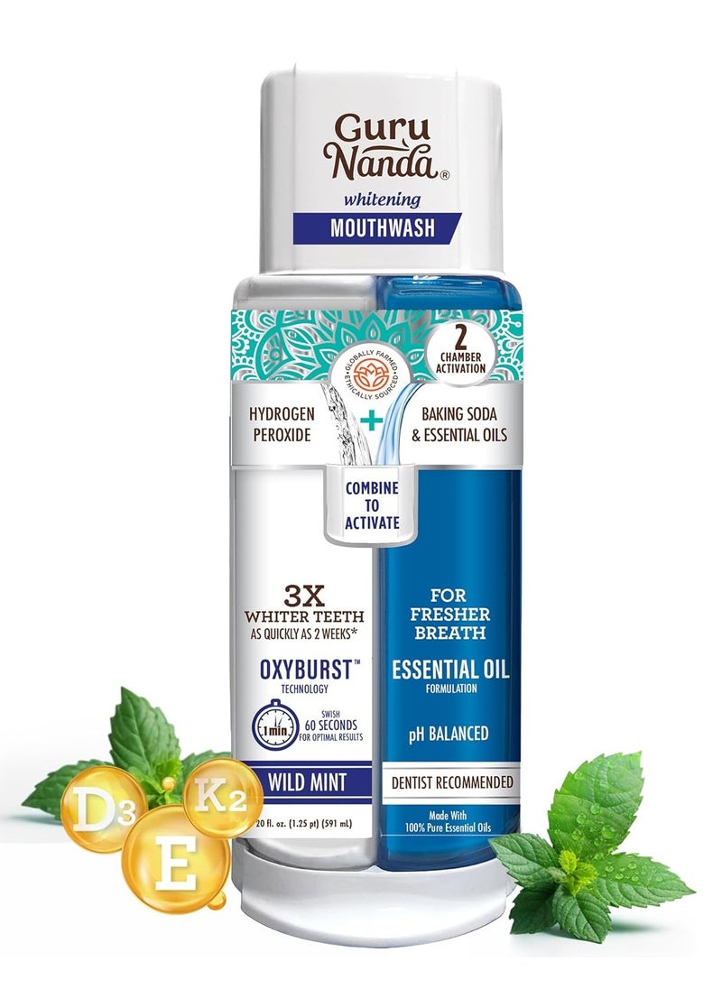 GuruNanda - GuruNanda Teeth Whitening Dual Barrel Oxyburst Mouthwash - Alcohol & Fluoride Free, Hydrogen Peroxide to Promote Whiter Teeth - Wild Mint - 20 Fl Oz - Image 1