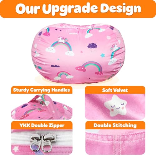 Lukeight Rainbow Unicorns Stuffed Animal Storage Bean Bag Chair Cover - Premium Velvet Organizer with YKK Zipper Holds 60+ Plush Toys, Washable Kids Room Decor (No Filling, Large) - Image 4