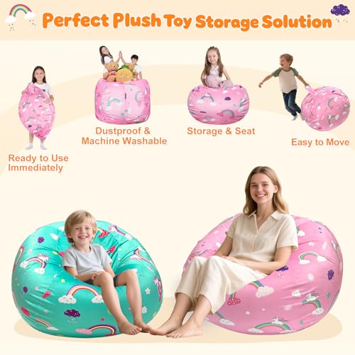 Lukeight Rainbow Unicorns Stuffed Animal Storage Bean Bag Chair Cover - Premium Velvet Organizer with YKK Zipper Holds 60+ Plush Toys, Washable Kids Room Decor (No Filling, Large) - Image 3