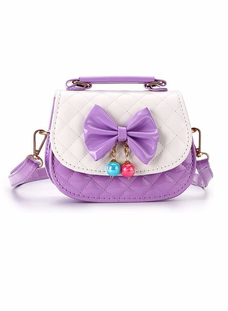 Y&D Childrens Princess Bag Little Girls Bowknot PU Cross Body Handbag Mini Fashions Tote Shoulder Purse Messenger with Handle Nice Stocking Filler (Purple White) - Image 1