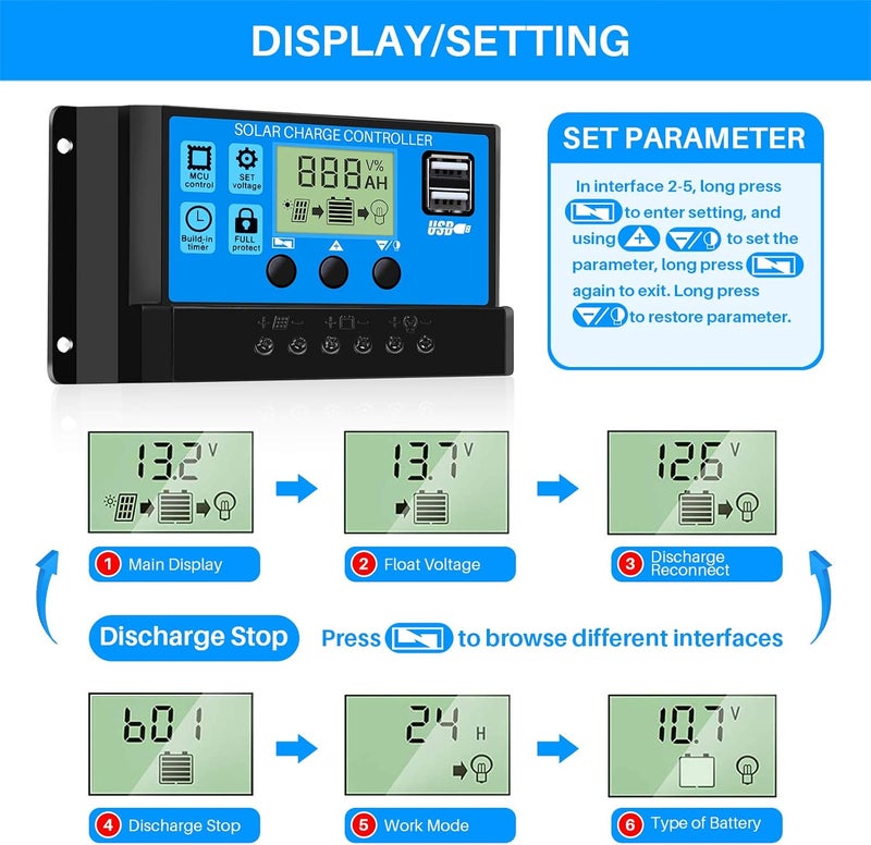 Thlevel 30A PWM Solar Charge Controller 12V/24V Smart Solar Panel Regulator Solar Charge with LCD Display and Suitable for Lead Batteries - Image 5