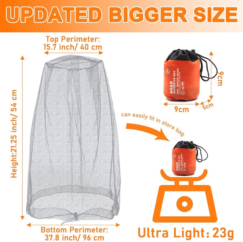 Benvo Mosquito Head Net Mesh, Face Neck Fly Netting Hood from Bugs Gnats Noseeums Screen Net for Any Outdoor Lover- with Carry Bags Fits Most Sizes of Hats Caps (2pcs, Light Grey, Updated Big Net) - Image 2