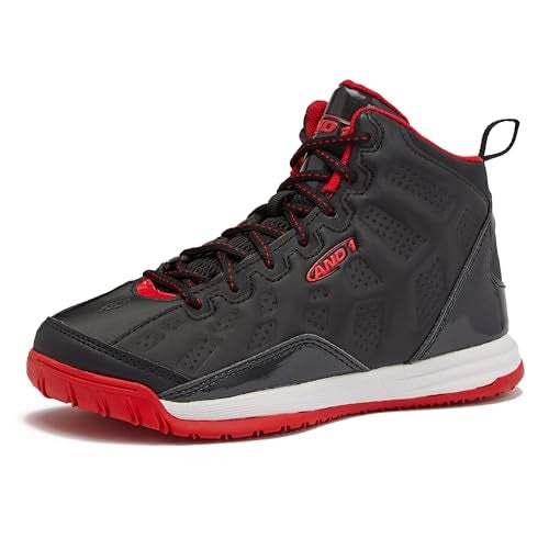 AND1 Showout Girls & Boys Basketball Shoes Kids, Boys High Top Sneakers- Black/Red/White, 6 Big Kid - Image 1