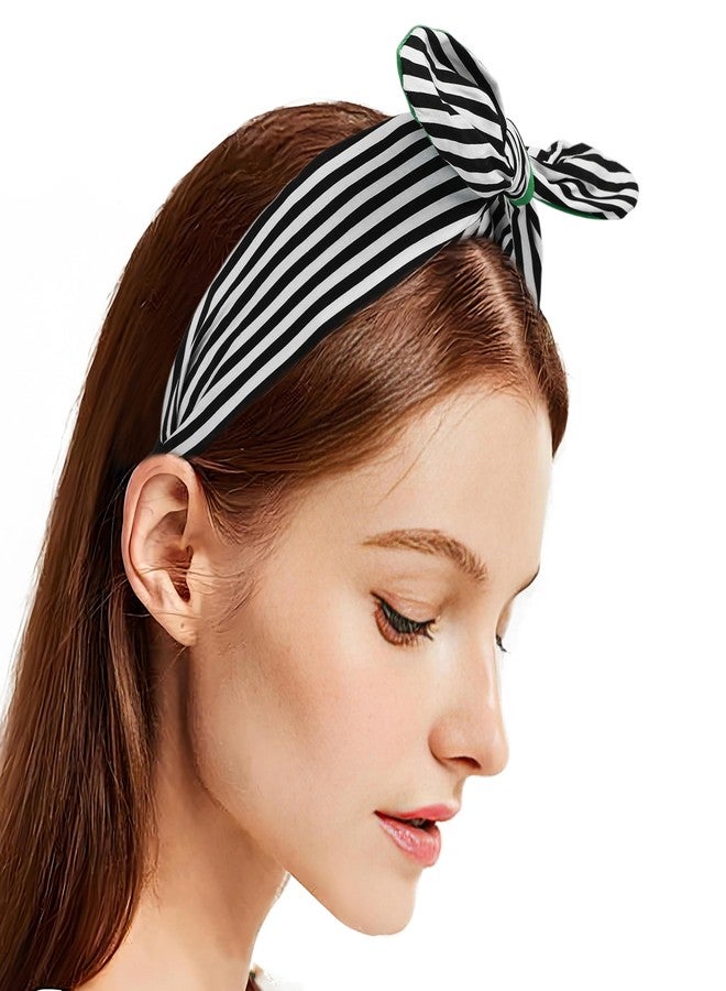 ASVP Shop Beetle Pattern Black & White Striped Headband with Green Accent Bow - For Halloween Costume - Image 2