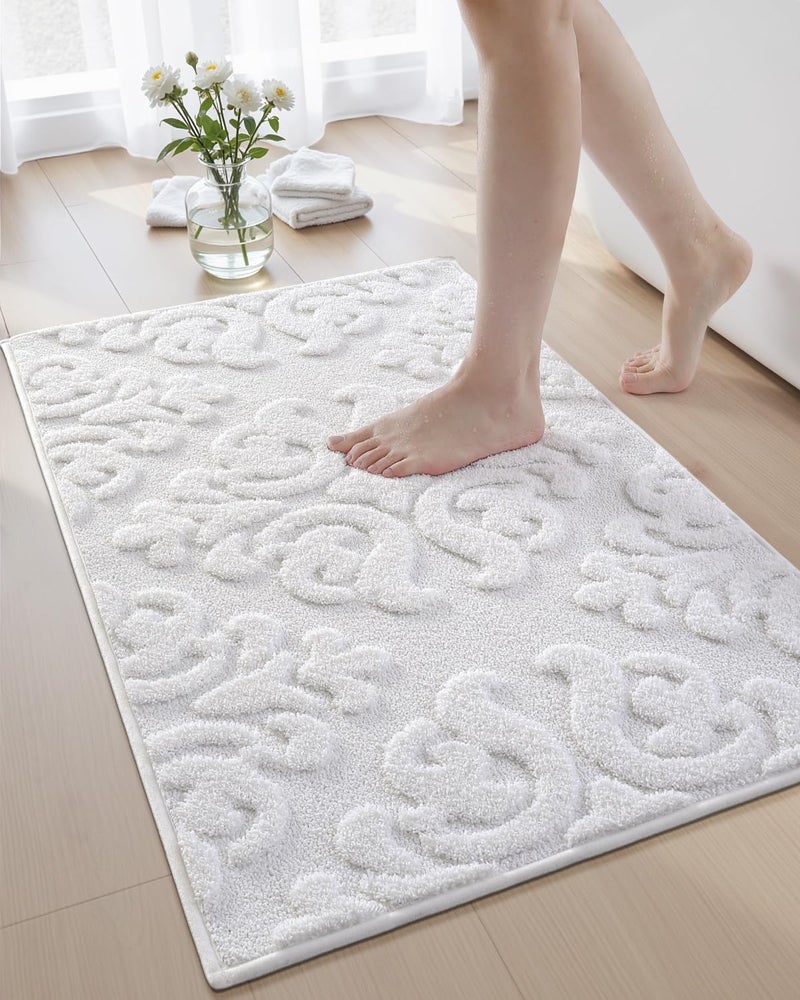 DEXI Bathroom Rug 17x30 Non Slip Washable Bath Mat for Shower Floor Absorbent Soft Bathmat with Rubber Backing Plush Fluffy Microfiber Floral Retro Carpet White