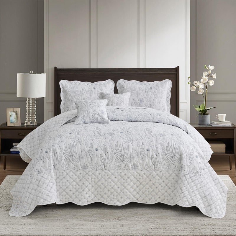 CHIXIN Botanical Oversized Bedspread King Size  Leaves Pattern Stitching Quilt Set  Elegant  Fresh Style Bedding Coverlets Reversible Lightweight 5 Piece White