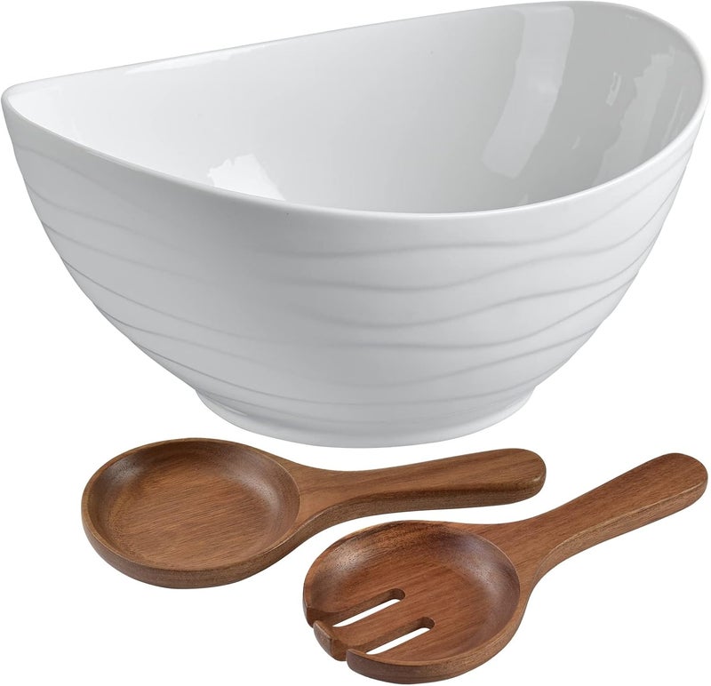 KITEISCAT Extra Large Elegant Ceramic Oval Salad Bowl Set with Premium Acacia Wood Salad Serving Utensils  Large Capacity Stylish and Practical Kitchen MustHave - Image 1