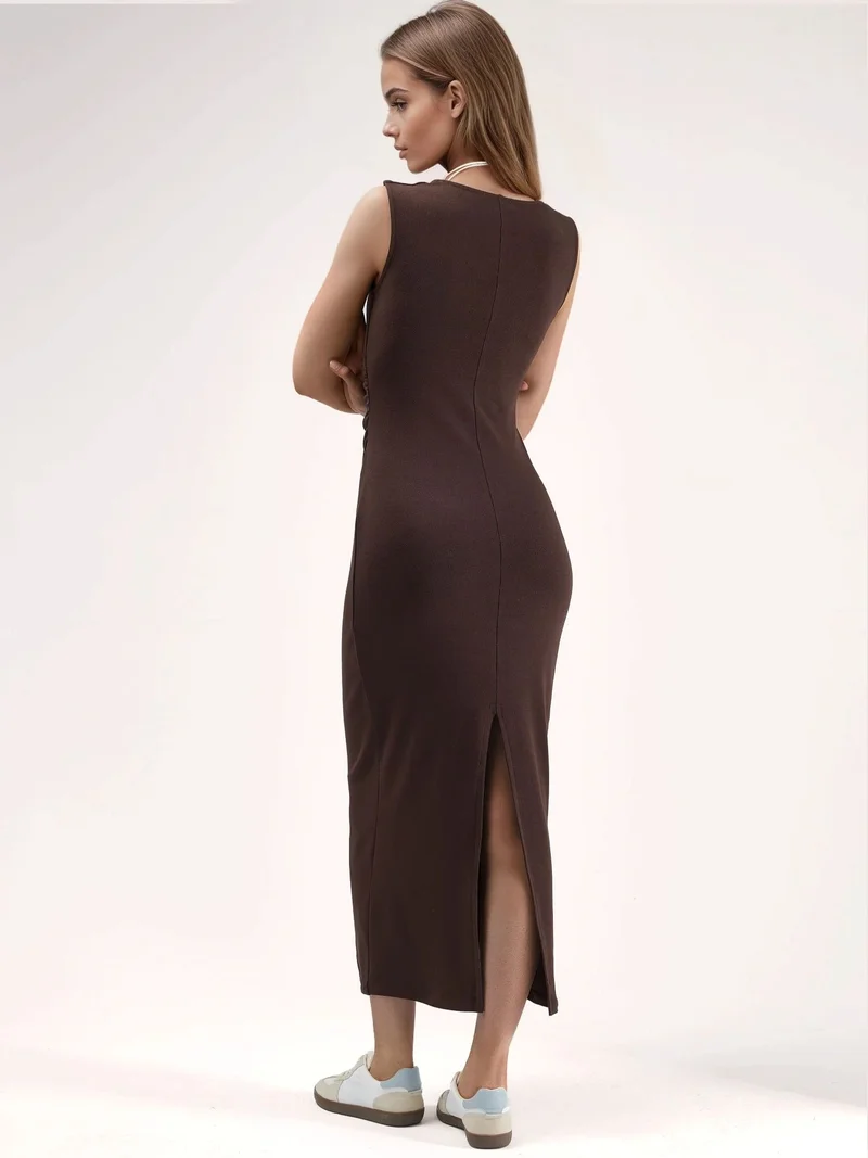 Hiccup Coffee Brown Square Collar Bodycon Midi Dress with Slit for Women | Best Price UAE