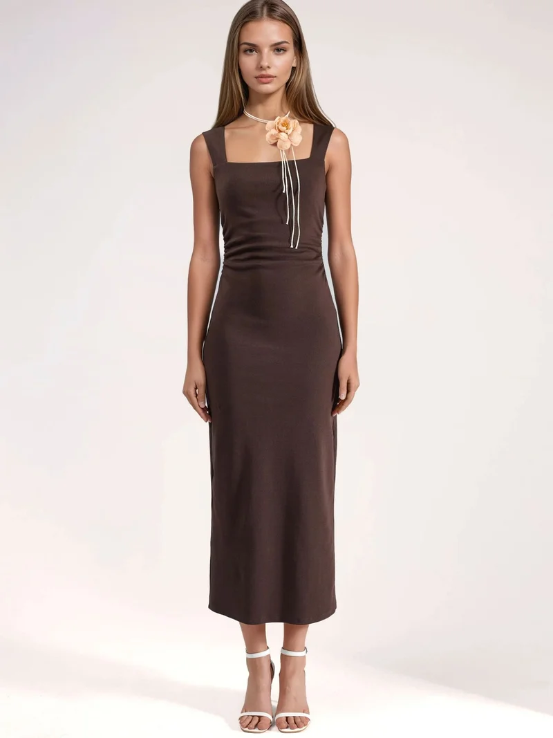 Hiccup Coffee Brown Square Collar Bodycon Midi Dress with Slit for Women | Best Price UAE