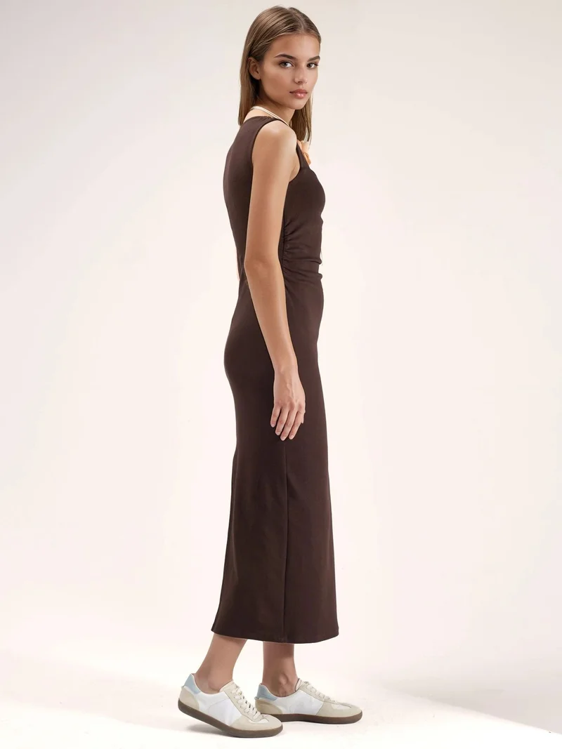 Hiccup Coffee Brown Square Collar Bodycon Midi Dress with Slit for Women | Best Price UAE