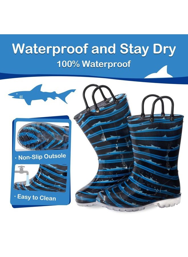 FUNCOO PLUS Toddler Kids Rain Boots Boys Girls Light Up Waterproof Boot with Handles, Navy Shark, 9 Toddler - Image 4