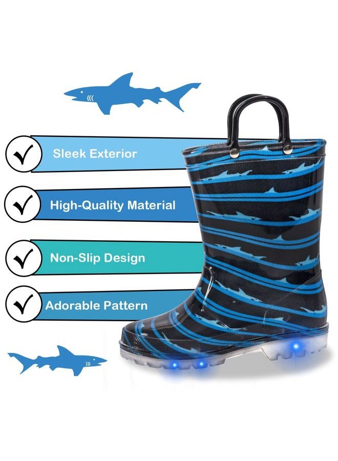 FUNCOO PLUS Toddler Kids Rain Boots Boys Girls Light Up Waterproof Boot with Handles, Navy Shark, 9 Toddler - Image 2