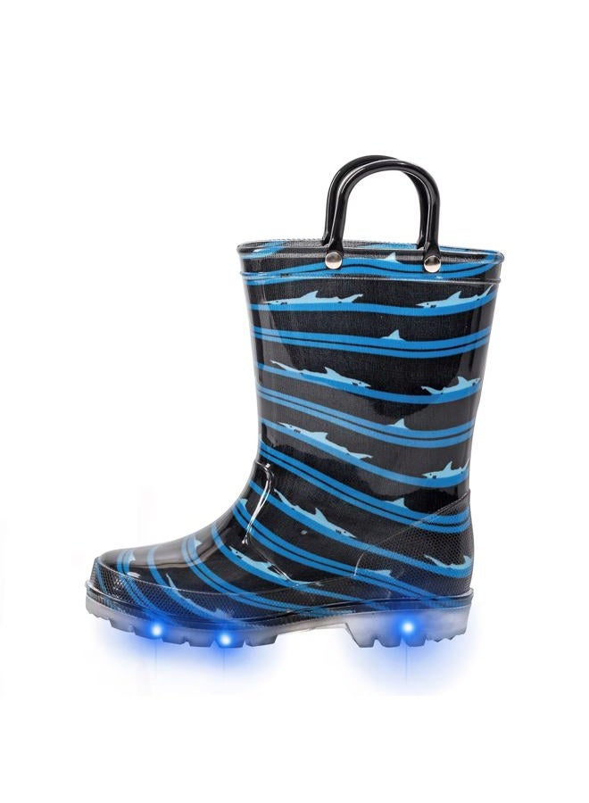 FUNCOO PLUS Toddler Kids Rain Boots Boys Girls Light Up Waterproof Boot with Handles, Navy Shark, 9 Toddler - Image 1