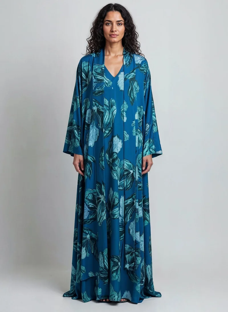 Blue Floral Bomb Satin Abaya Kaftan