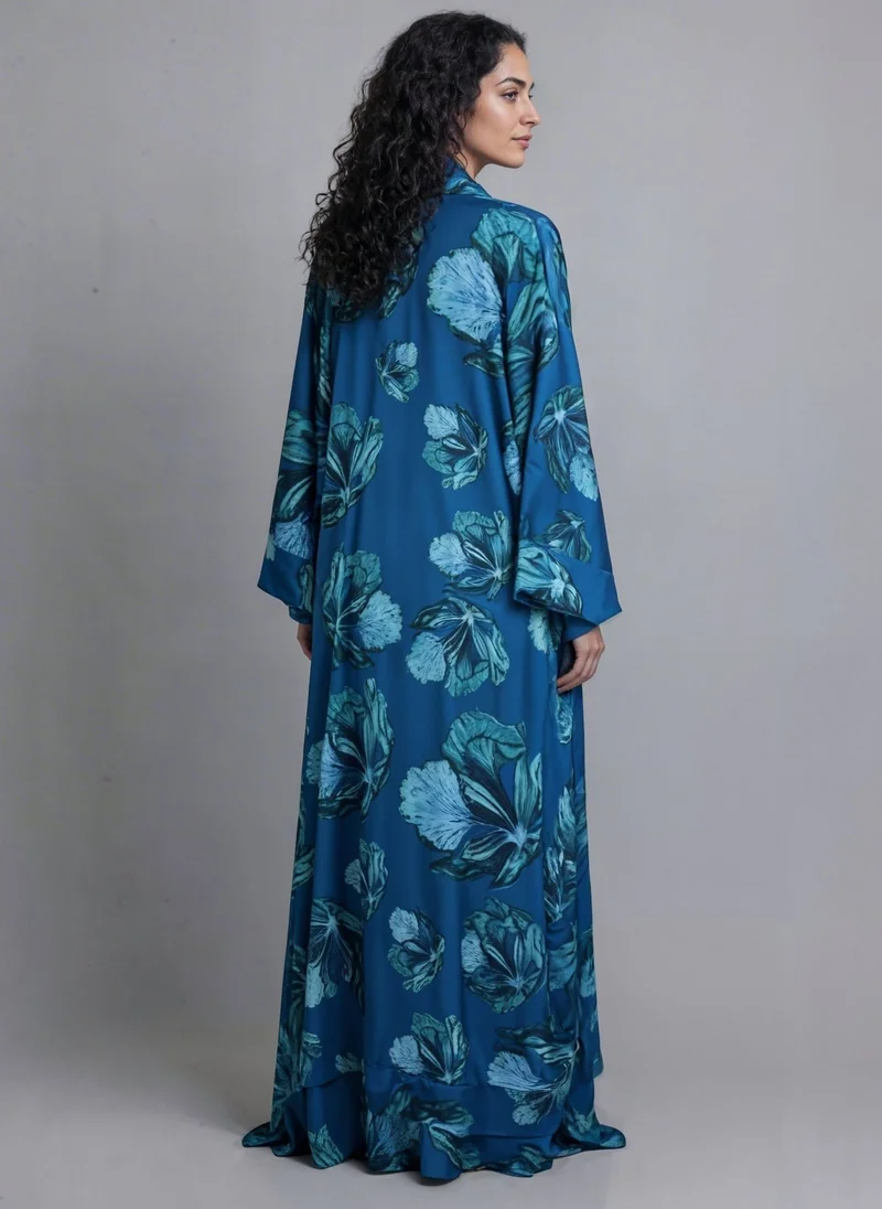 JANARA JONES Blue Floral Bomb Satin Abaya Kaftan
