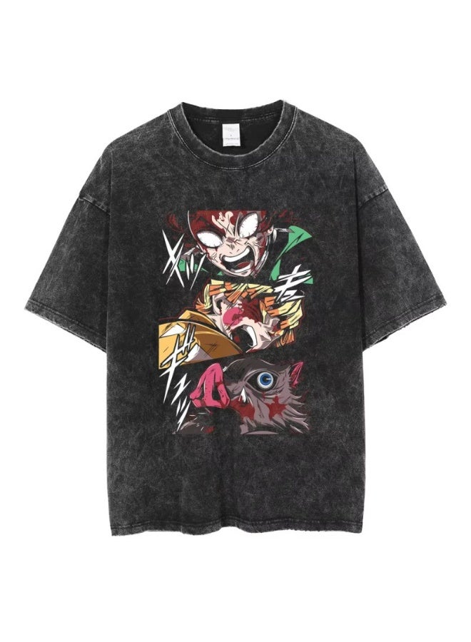Sparklepals Anime Demon Slayer Washed Retro T-Shirt Street Hip Hop Casual Cotton Summer Short Sleeves - Image 1