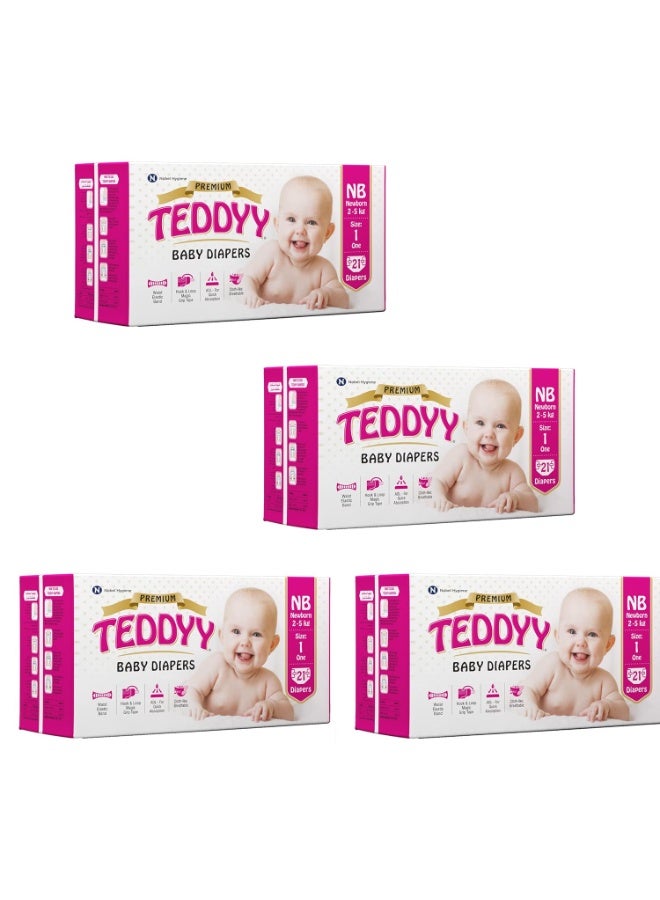 TEDDYY Premium Baby NB Size Diaper Tape Style | 21 Count (New Born) | 2-5 kgs (Pack of 4) | Quick Absorbency | Extra Super Soft | Anti - Bacterial |Colour Changing Wetness Indicator with Adjustable Grip Tapes - Image 1
