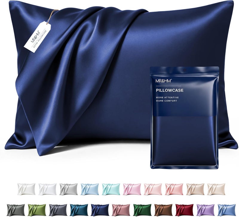 MR&HM Satin Pillowcase for Hair and Skin, Silk Satin Pillowcase 2 Pack, King Size Pillow Cases Set of 2, Silky Pillow Cover with Envelope Closure (20x36, Navy Blue) - Image 1