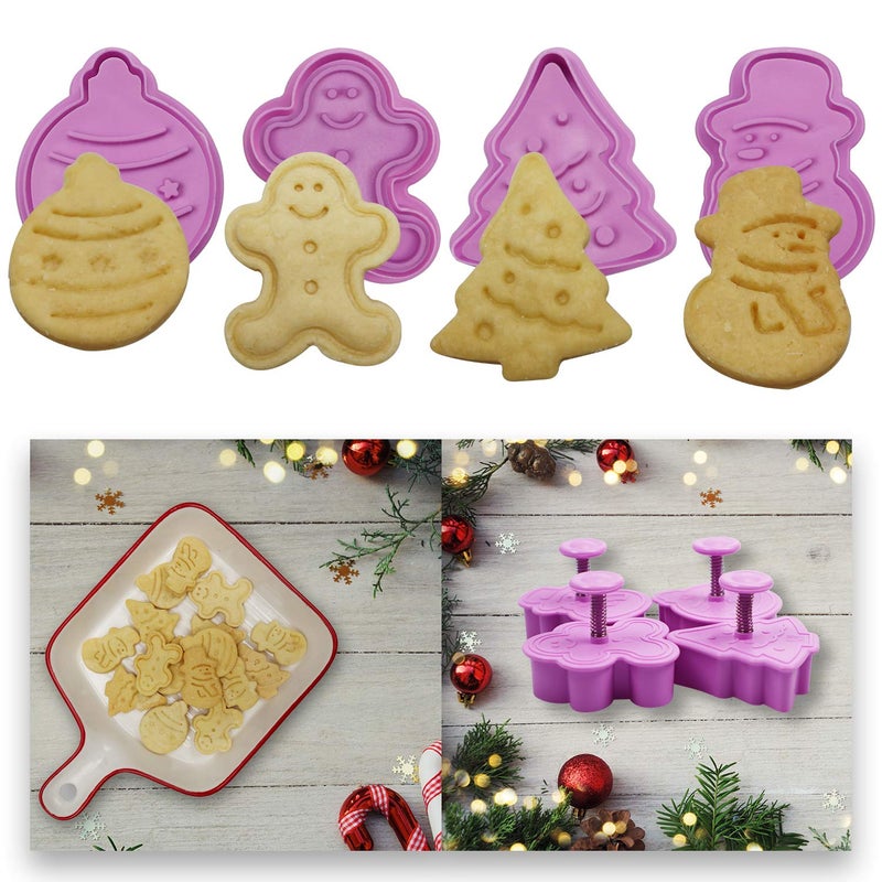 Mini 3D Christmas Cookie Cutters Set  Christmas Holiday Fondant Biscuit Pastry Cookie Cutter Stamp  Xmas Spring-loaded Handle Cutter Shape with Santa  Christmas Tree  Bell  Gingerbread Man (4 PCS)