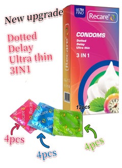 Recare Newly Upgraded Natural Condoms  4 Each of Dotted, Delay and Ultra  thin Types, 12 Pieces in Total  - Image 1