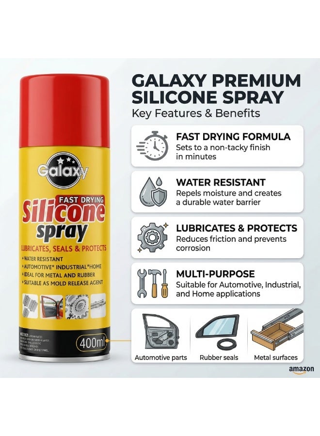 Galaxy Fast Drying Silicone Spray 400ml - Multi-Purpose Lubricant, Sealant & Protectant - Water Resistant Formula for Automotive, Industrial & Home Use - Ideal for Metal, Rubber & Mold Release Applications - Image 1