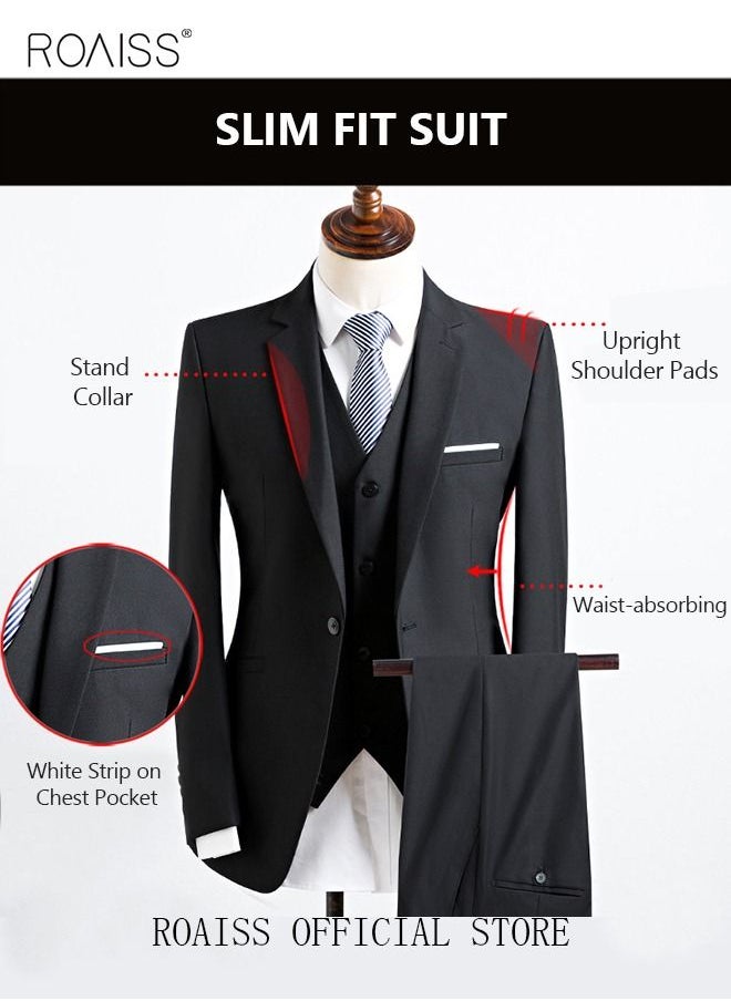 roaiss - 4PCS Suit of Formal Clothes Men's Business Casual Coat Groomsman Suit Professional Dress Lapel Collar One Single-Breasted Buttons Classic Fit Blazer Black(Suit + Trousers + White Shirt + Tie) - Image 1