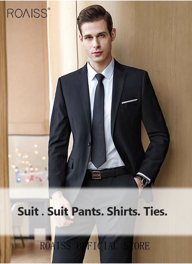 roaiss - 4PCS Suit of Formal Clothes Men's Business Casual Coat Groomsman Suit Professional Dress Lapel Collar One Single-Breasted Buttons Classic Fit Blazer Black(Suit + Trousers + White Shirt + Tie) - Image 1