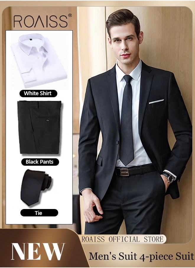 roaiss - 4PCS Suit of Formal Clothes Men's Business Casual Coat Groomsman Suit Professional Dress Lapel Collar One Single-Breasted Buttons Classic Fit Blazer Black(Suit + Trousers + White Shirt + Tie) - Image 1