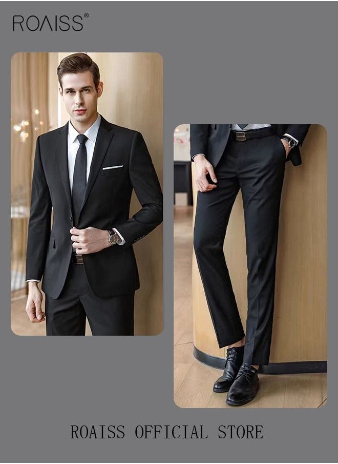 roaiss - 4PCS Suit of Formal Clothes Men's Business Casual Coat Groomsman Suit Professional Dress Lapel Collar One Single-Breasted Buttons Classic Fit Blazer Black(Suit + Trousers + White Shirt + Tie) - Image 1