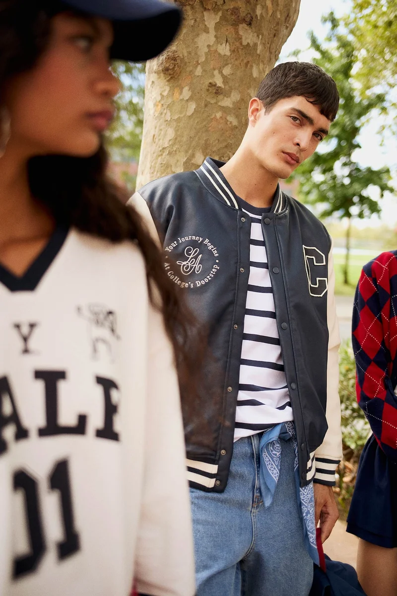 ديفاكتو Regular Fit College Collar Faux Leather Bomber Jacket