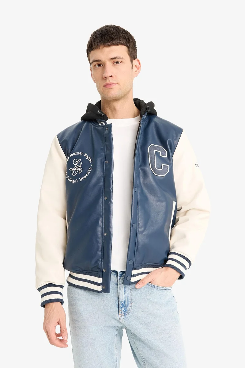 Defacto  Regular Fit College Collar Faux Leather Bomber Jacket for Men | Best Price UAE