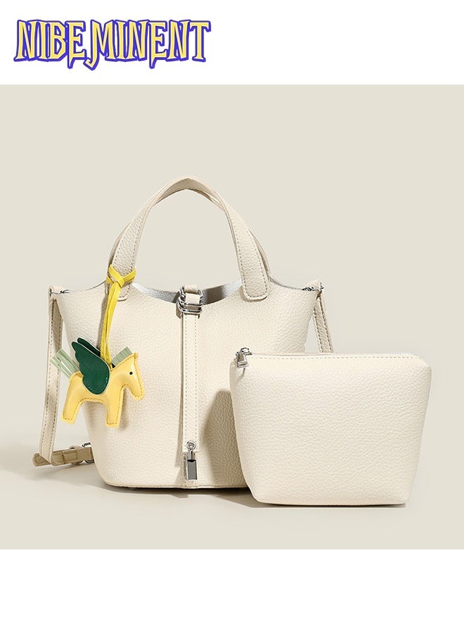 NIBEMINENT Patchwork Pendant Decor Simple Design Satchel Bag Classic Popular Lychee Pattern Bucket Tote Include Pony Pendant and Wallet - Image 1